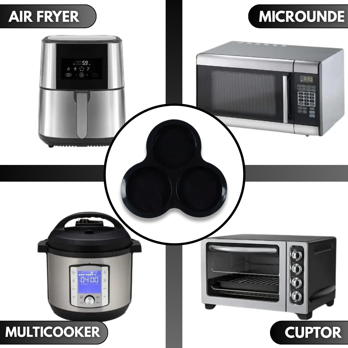 Forma Silicon Air Fryer NARCIX®, Silicon fara BPA, Ideal pentru Oua, Briose sau Clatite, 3 compartimente, Accesoriu Air Fryer, 23x21.5x2cm, Negru