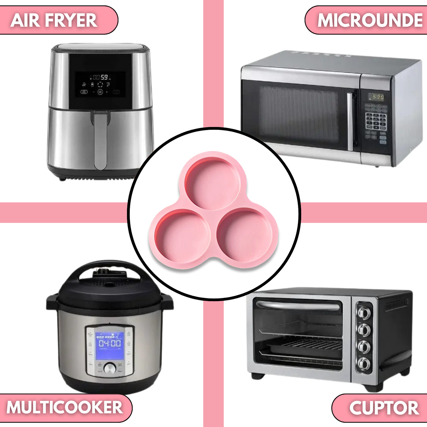 Forma Silicon Air Fryer NARCIX®, Silicon fara BPA, Ideal pentru Oua, Briose sau Clatite, 3 compartimente, Accesoriu Air Fryer, 23x21.5x2cm, Roz