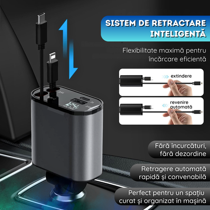Incarcator auto 4 in 1, Retractabil, Lightning + Type-C, 120W