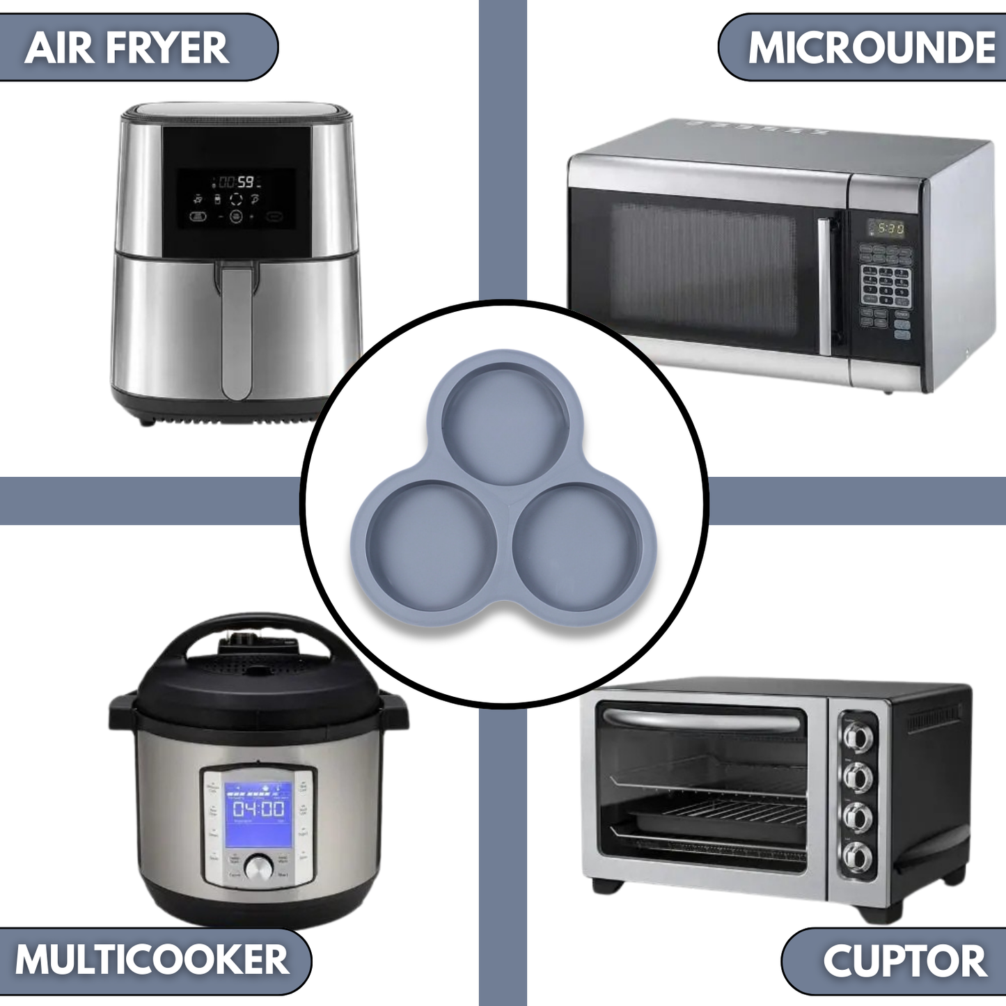Forma Silicon Air Fryer NARCIX®, Silicon fara BPA, Ideal pentru Oua, Briose sau Clatite, 3 compartimente, Accesoriu Air Fryer, 23x21.5x2cm, Gri