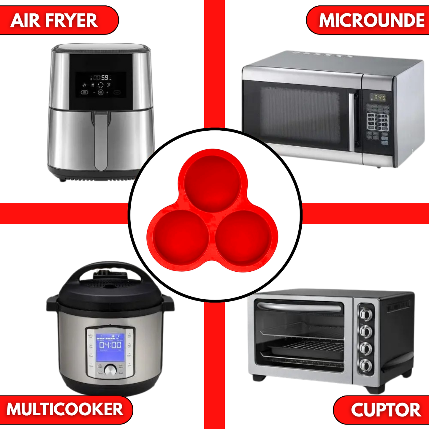 Forma Silicon Air Fryer NARCIX®, Silicon fara BPA, Ideal pentru Oua, Briose sau Clatite, 3 compartimente, Accesoriu Air Fryer, 23x21.5x2cm, Rosu