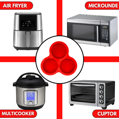 Forma Silicon Air Fryer NARCIX®, Silicon fara BPA, Ideal pentru Oua, Briose sau Clatite, 3 compartimente, Accesoriu Air Fryer, 23x21.5x2cm, Rosu