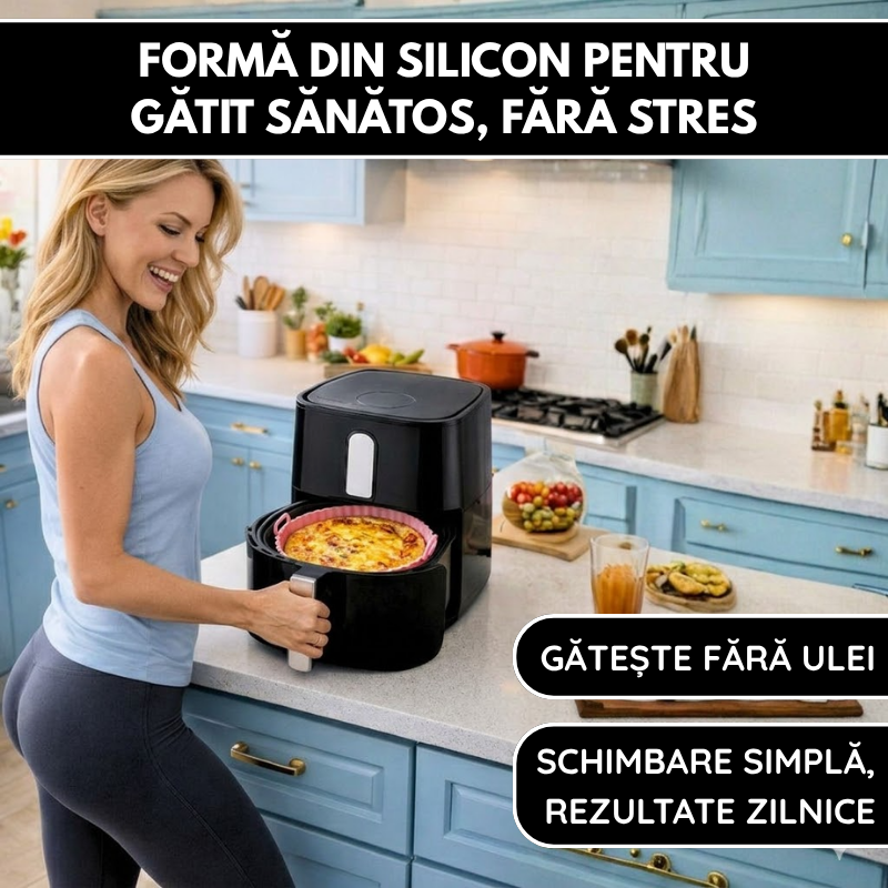Tava Copt Air Fryer NARCIX®, Forma Silicon fara BPA, Reutilizabila, Antiaderenta, Rotunda, Accesoriu Air Fryer, Cuptor, Friteuza, Microunde 20x17x5cm, Negru