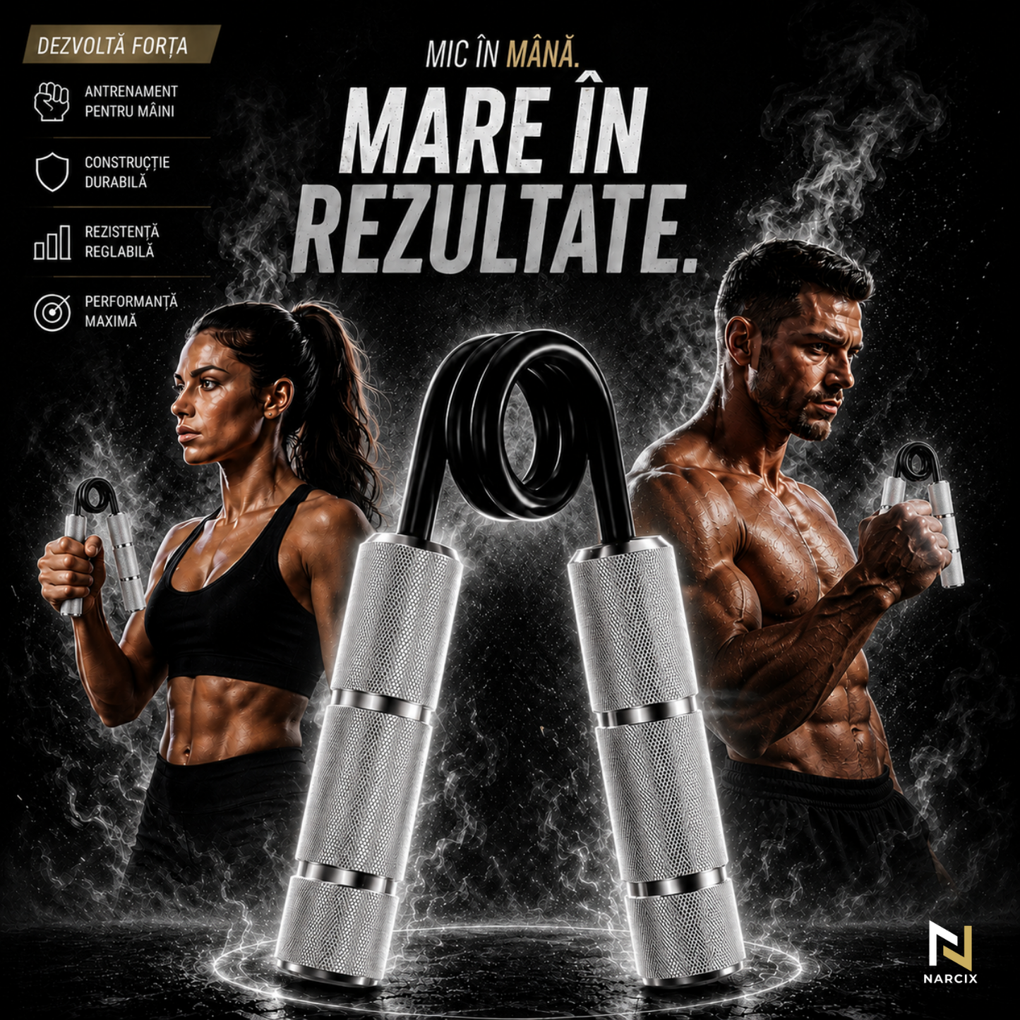 Flexor Antebraț NARCIX®, Hand Gripper Profesional Gri, Rezistență 50KG, Mânere din Aluminiu Anodizat cu Textură Anti-Alunecare, Arc Rezistent, Antrenament Mâini, Degete și Priză
