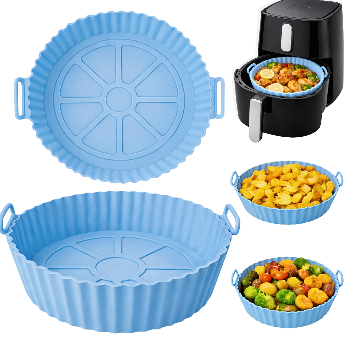 Tava Copt Air Fryer NARCIX®, Forma Silicon fara BPA, Reutilizabila, Antiaderenta, Rotunda, Accesoriu Air Fryer, Cuptor, Friteuza, Microunde 20x17x5cm, Albastru