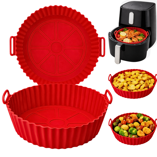 Tava Copt Air Fryer NARCIX®, Forma Silicon fara BPA, Reutilizabila, Antiaderenta, Rotunda, Accesoriu Air Fryer, Cuptor, Friteuza, Microunde 20x17x5cm, Rosu